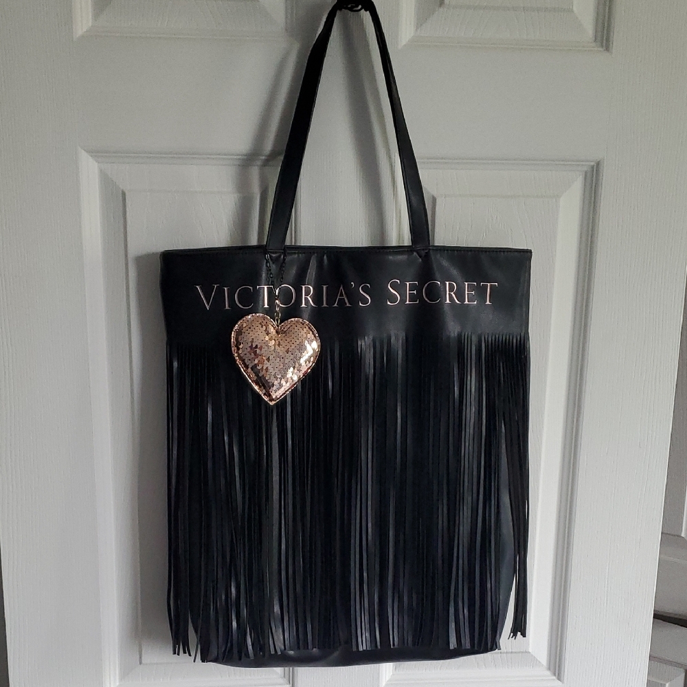 Victoria's Secret Black Fringe Leather Tote with Heart Charm